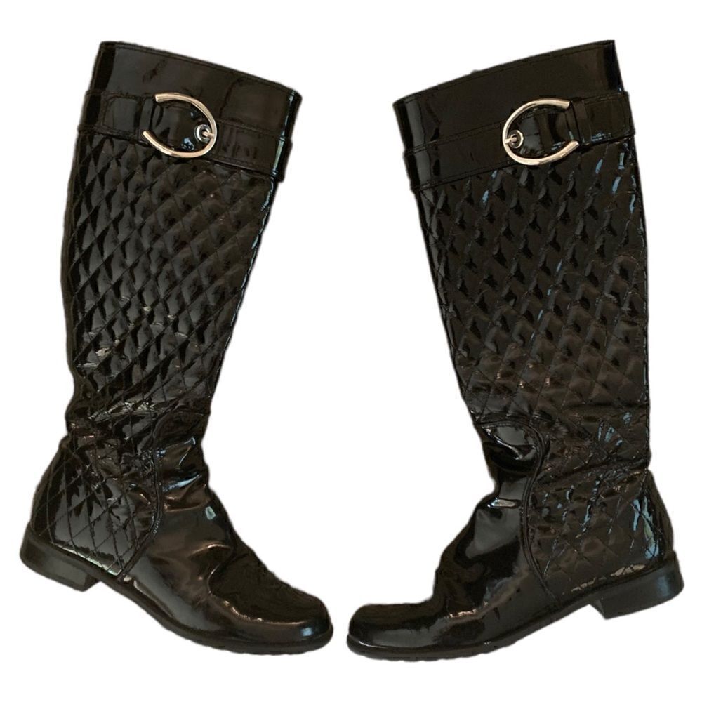 Stuart Weitzman Black Patent Leather Quilted Knee Boots